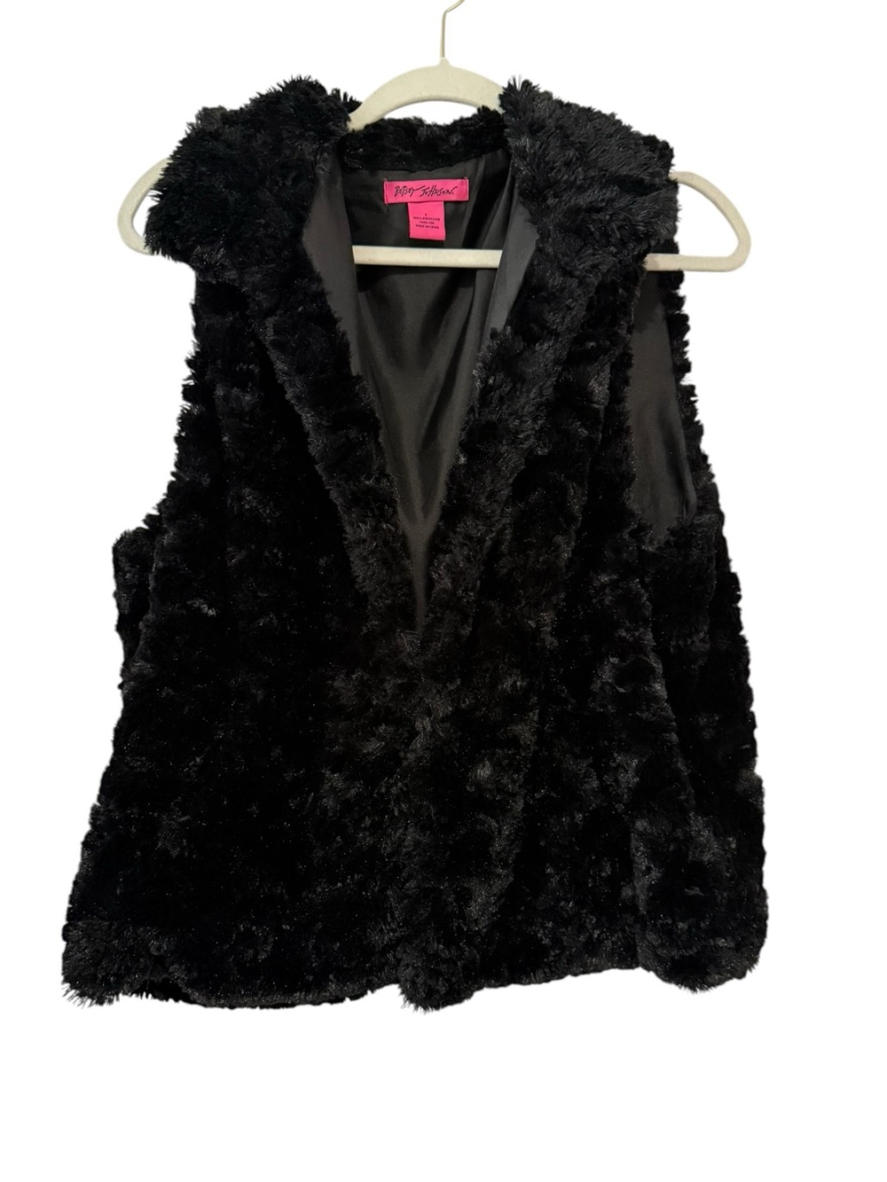 Betsey Johnson Large Black Faux Fur Vest Plush Shaggy Y2K Glam Layering